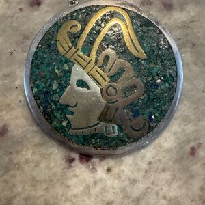 Round Inlay Taxco Sterling silver Pendant with Warrior Motif - Green and Gold